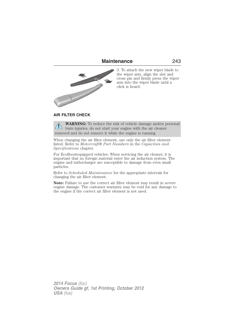 Air filter check, Air filter(s), Maintenance 243 | FORD 2014 Focus v.1 User Manual | Page 244 / 492