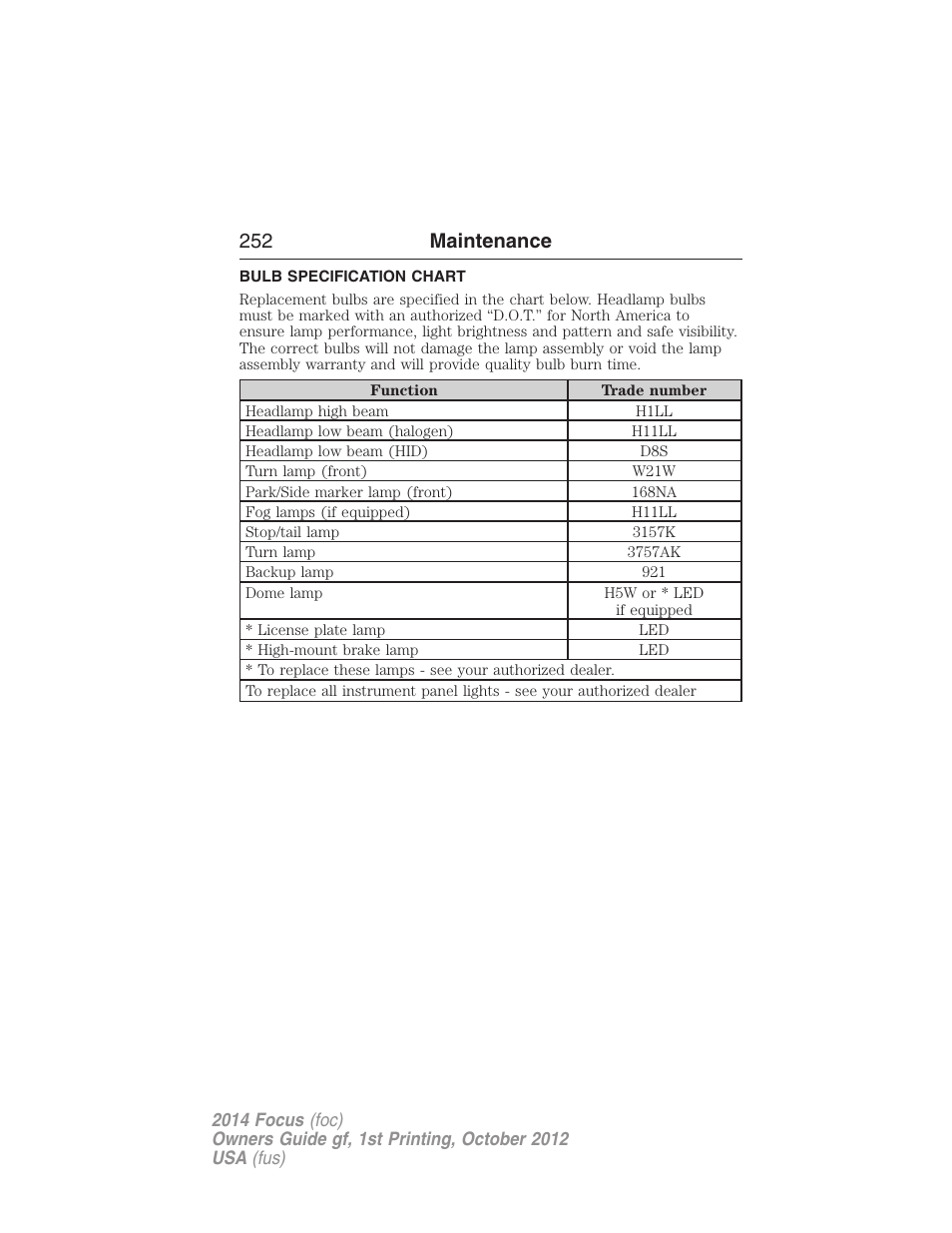 Bulb specification chart, 252 maintenance | FORD 2014 Focus v.1 User Manual | Page 253 / 492