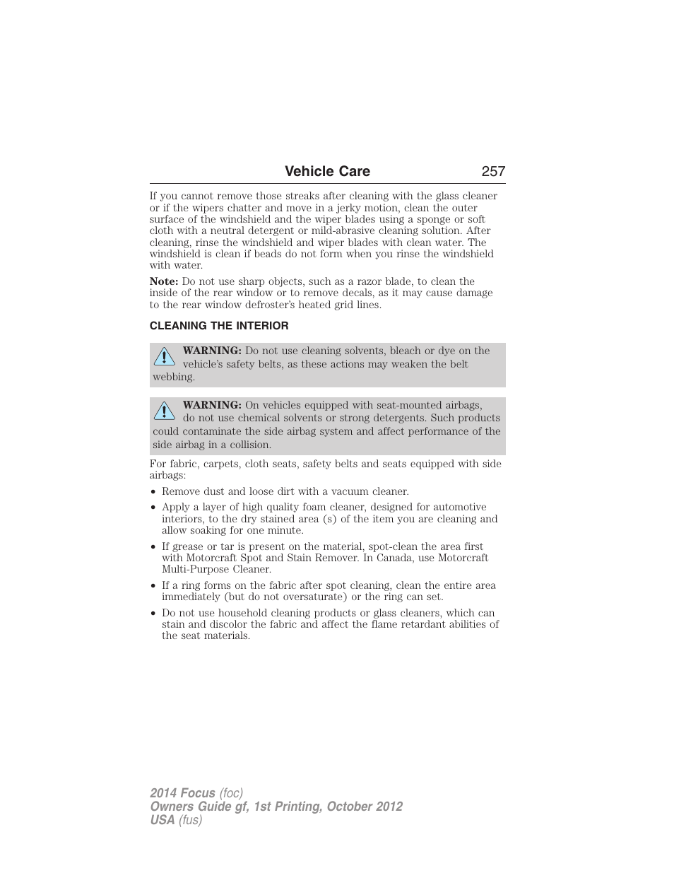 Cleaning the interior, Vehicle care 257 | FORD 2014 Focus v.1 User Manual | Page 258 / 492