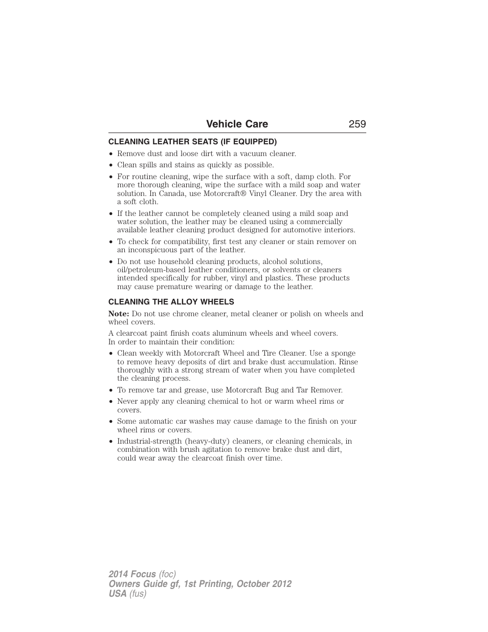 Cleaning leather seats (if equipped), Cleaning the alloy wheels, Cleaning leather seats | Vehicle care 259 | FORD 2014 Focus v.1 User Manual | Page 260 / 492