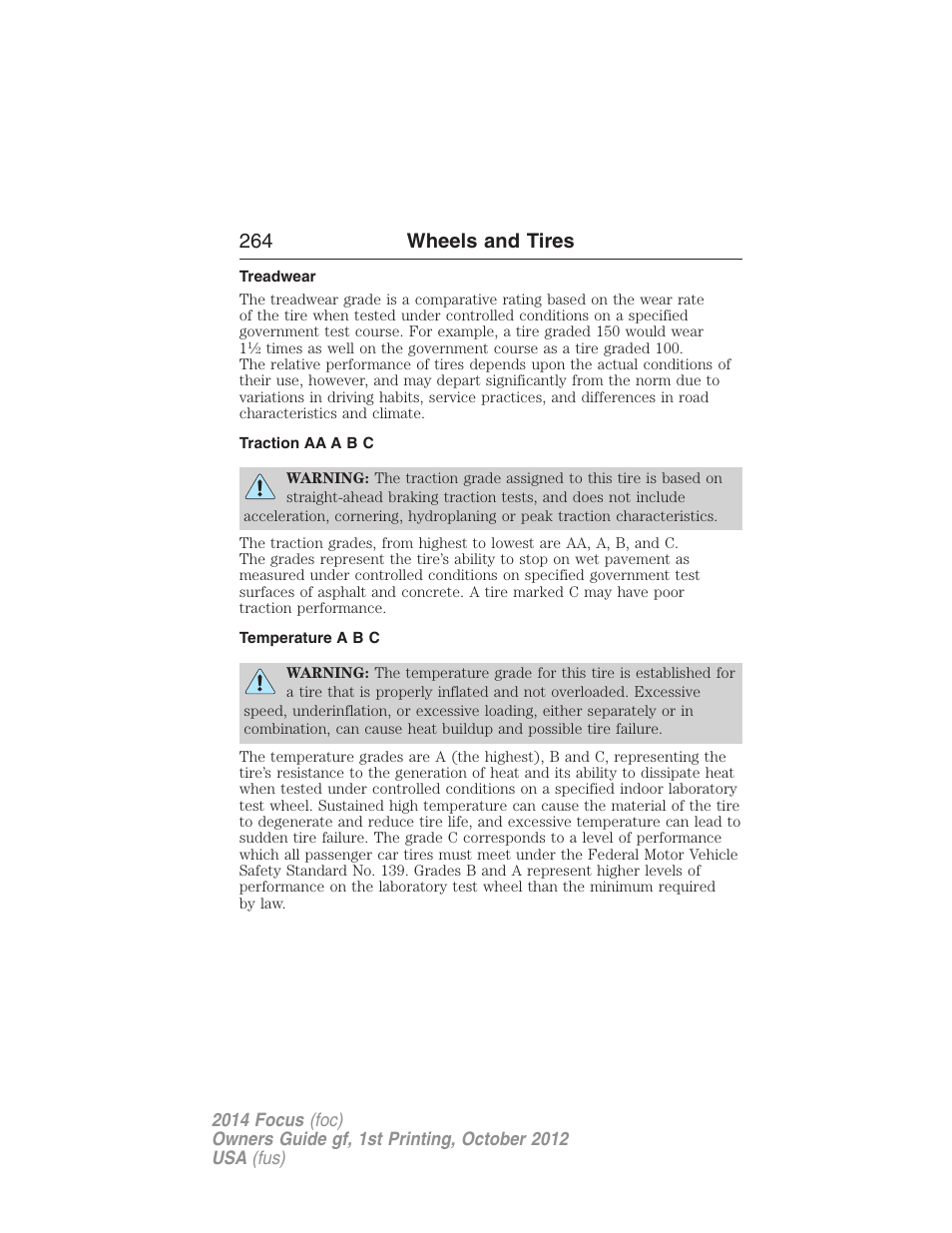 Treadwear, Traction aa a b c, Temperature a b c | 264 wheels and tires | FORD 2014 Focus v.1 User Manual | Page 265 / 492