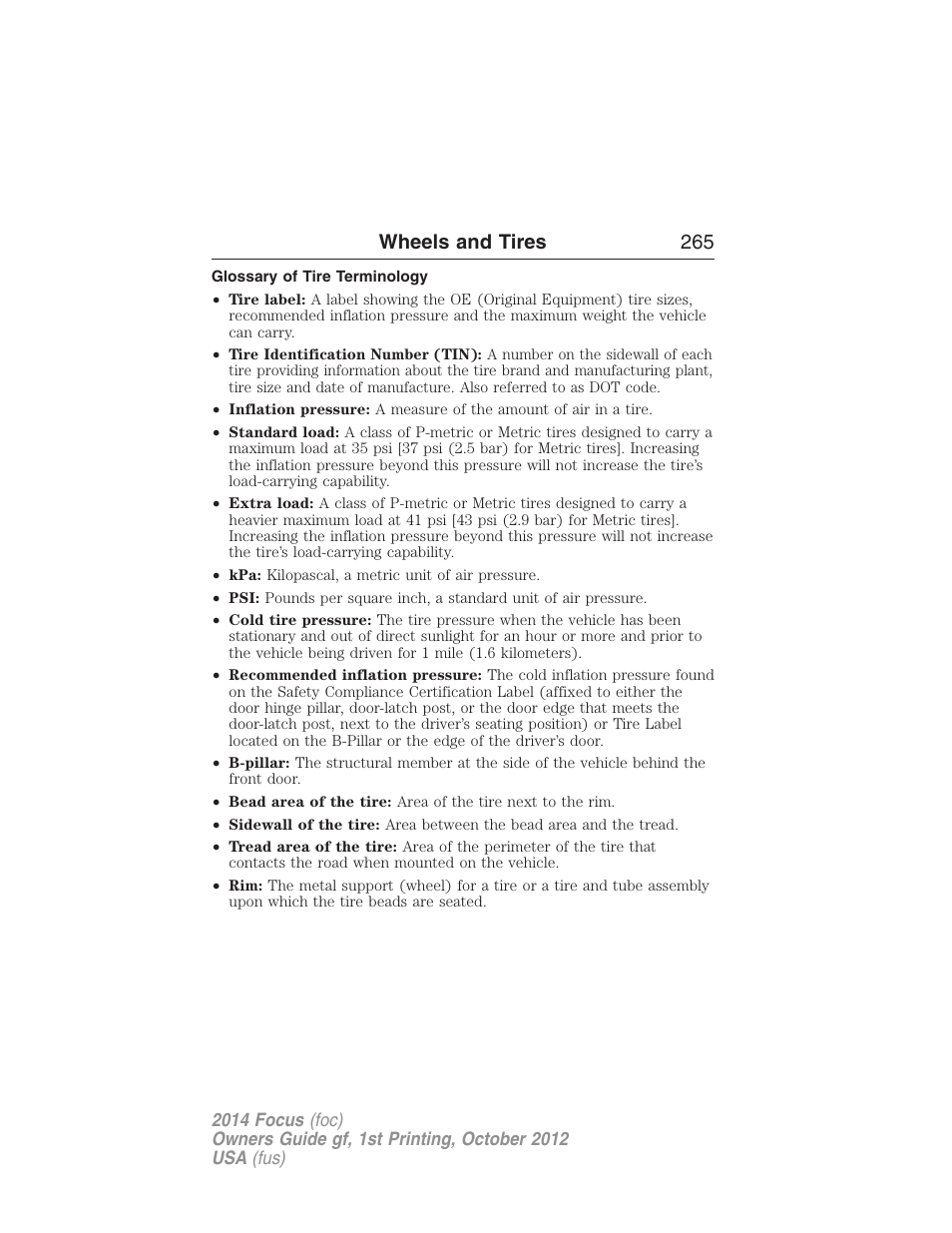 Glossary of tire terminology, Wheels and tires 265 | FORD 2014 Focus v.1 User Manual | Page 266 / 492