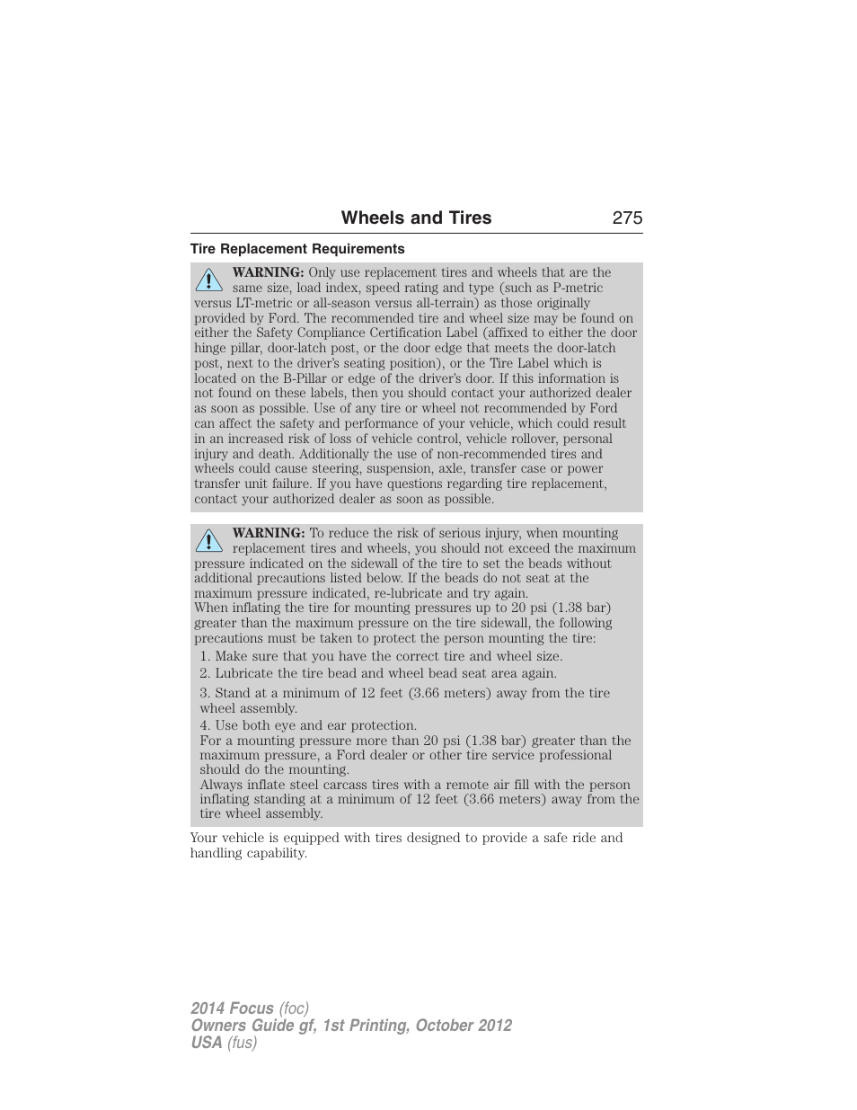 Tire replacement requirements, Wheels and tires 275 | FORD 2014 Focus v.1 User Manual | Page 276 / 492