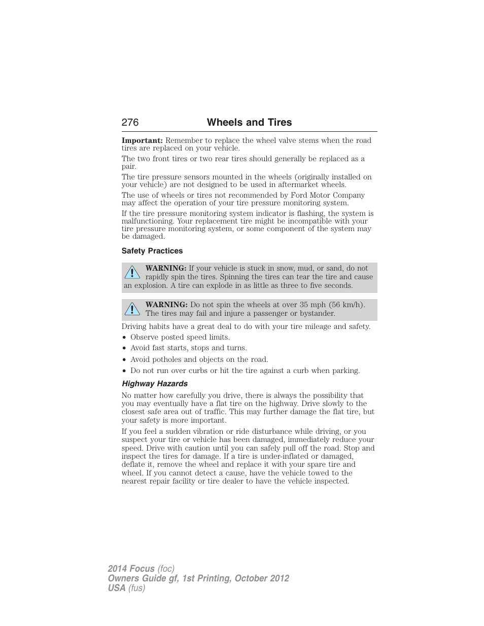 Safety practices, Highway hazards, 276 wheels and tires | FORD 2014 Focus v.1 User Manual | Page 277 / 492