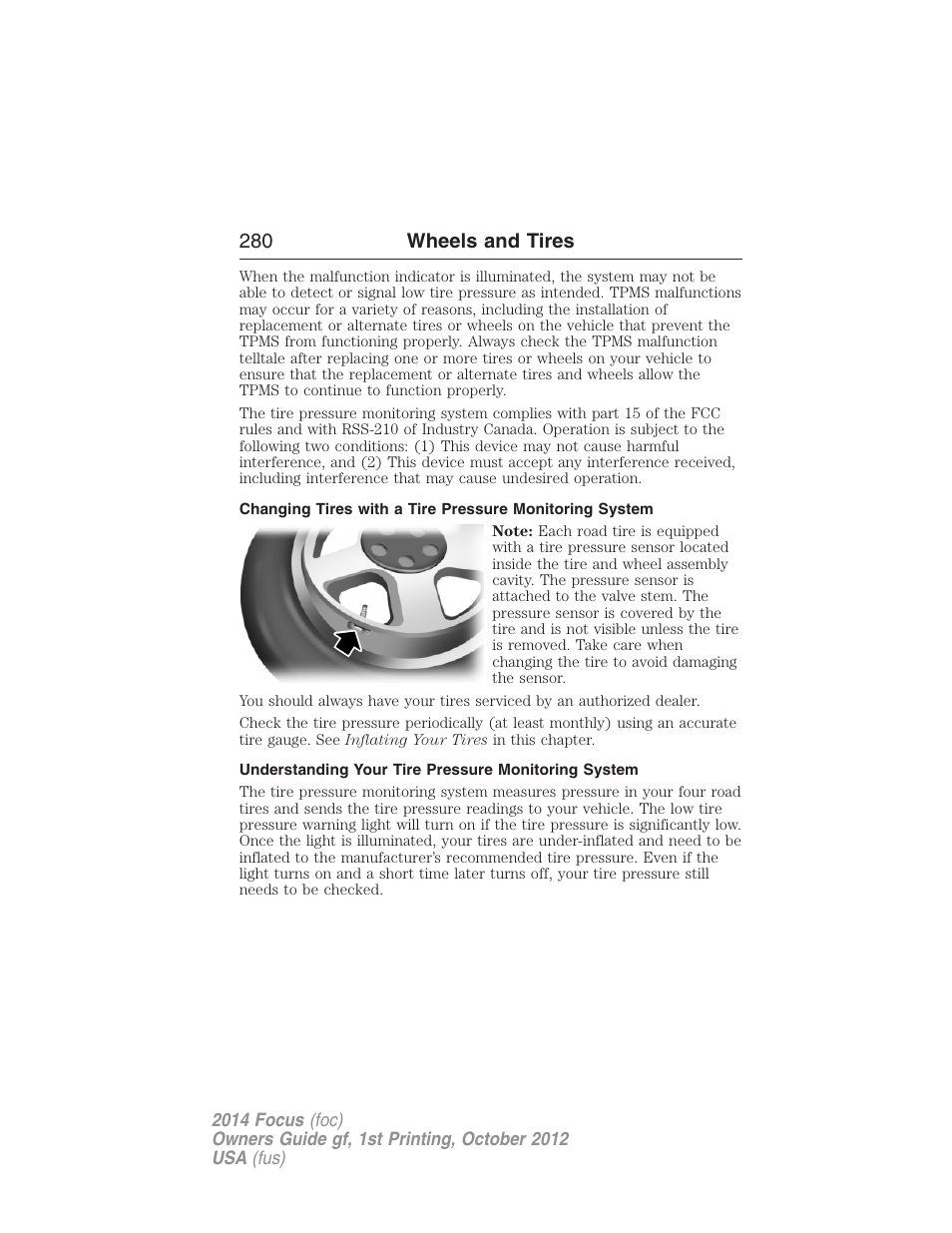 Understanding your tire pressure monitoring system, 280 wheels and tires | FORD 2014 Focus v.1 User Manual | Page 281 / 492