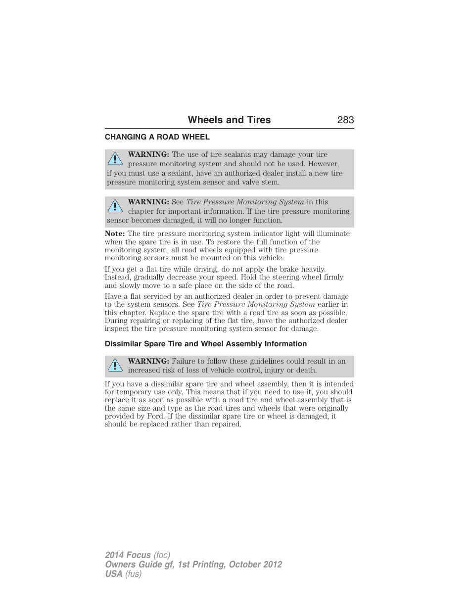 Changing a road wheel, Wheels and tires 283 | FORD 2014 Focus v.1 User Manual | Page 284 / 492