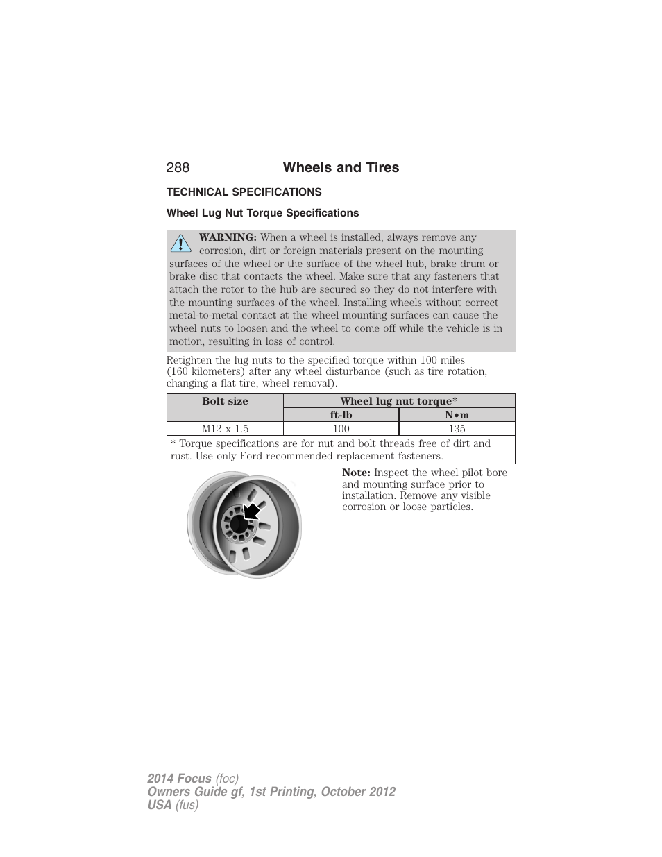 Technical specifications, Wheel lug nut torque specifications, Wheel lug nut torque | 288 wheels and tires | FORD 2014 Focus v.1 User Manual | Page 289 / 492