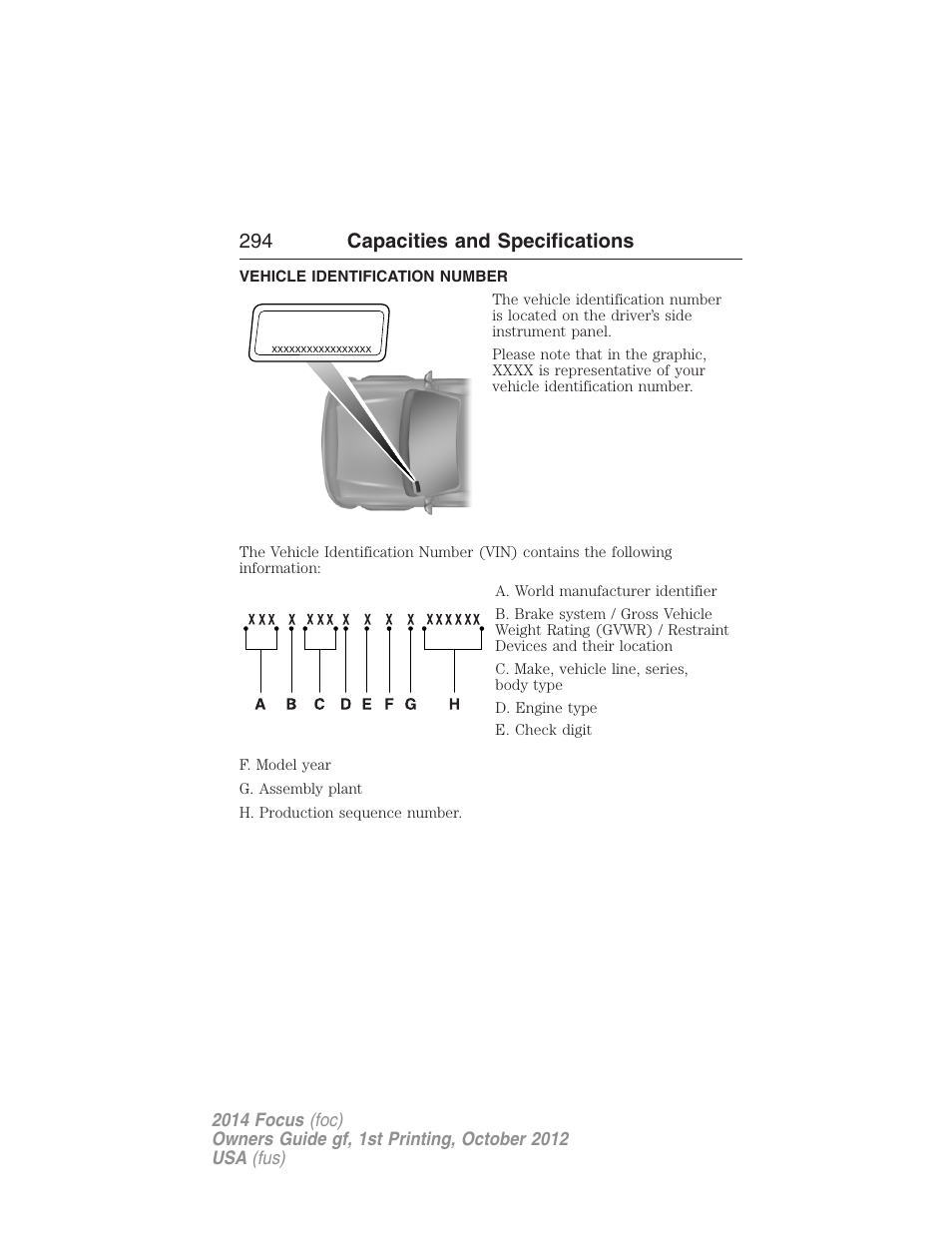 Vehicle identification number, 294 capacities and specifications | FORD 2014 Focus v.1 User Manual | Page 295 / 492