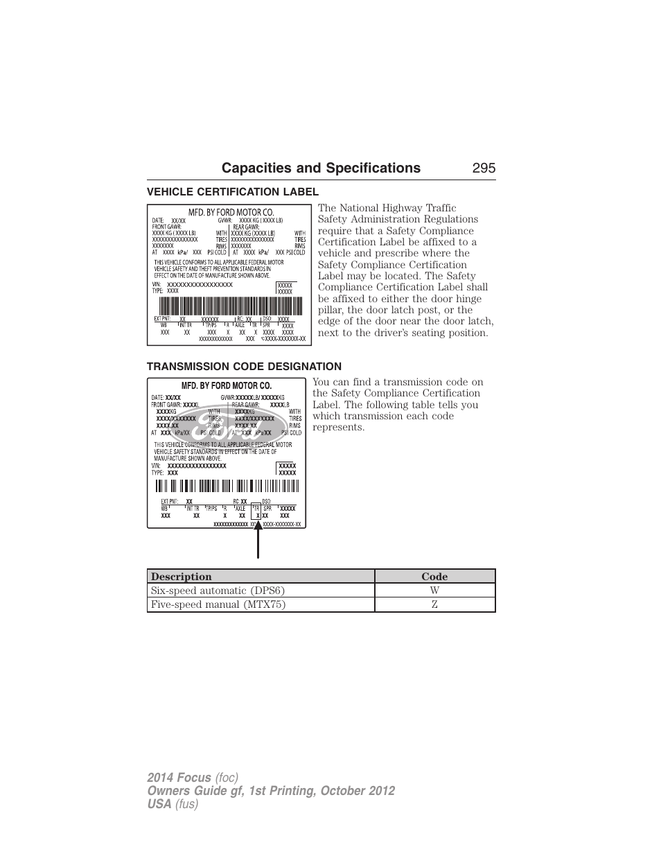 Vehicle certification label, Transmission code designation, Capacities and specifications 295 | FORD 2014 Focus v.1 User Manual | Page 296 / 492