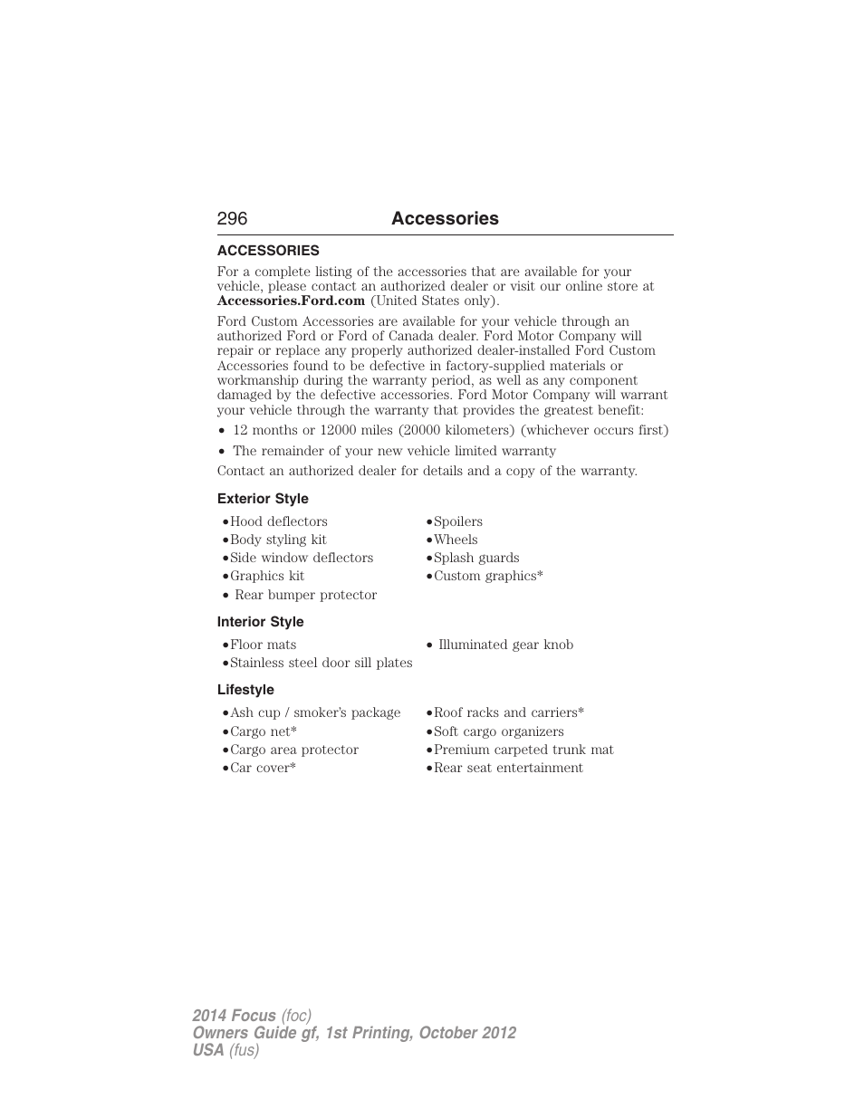 Accessories, Exterior style, Interior style | Lifestyle, 296 accessories | FORD 2014 Focus v.1 User Manual | Page 297 / 492