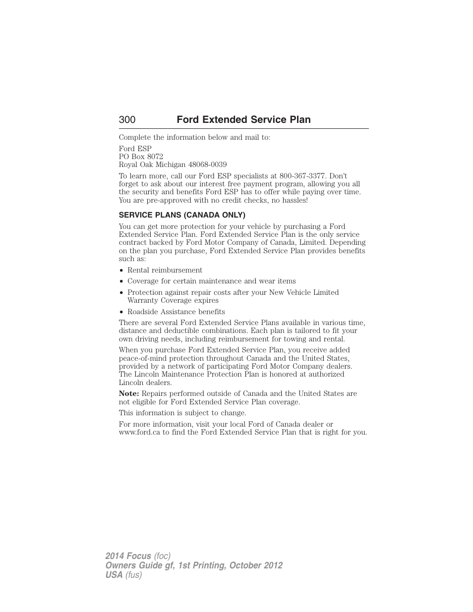 Service plans (canada only), 300 ford extended service plan | FORD 2014 Focus v.1 User Manual | Page 301 / 492