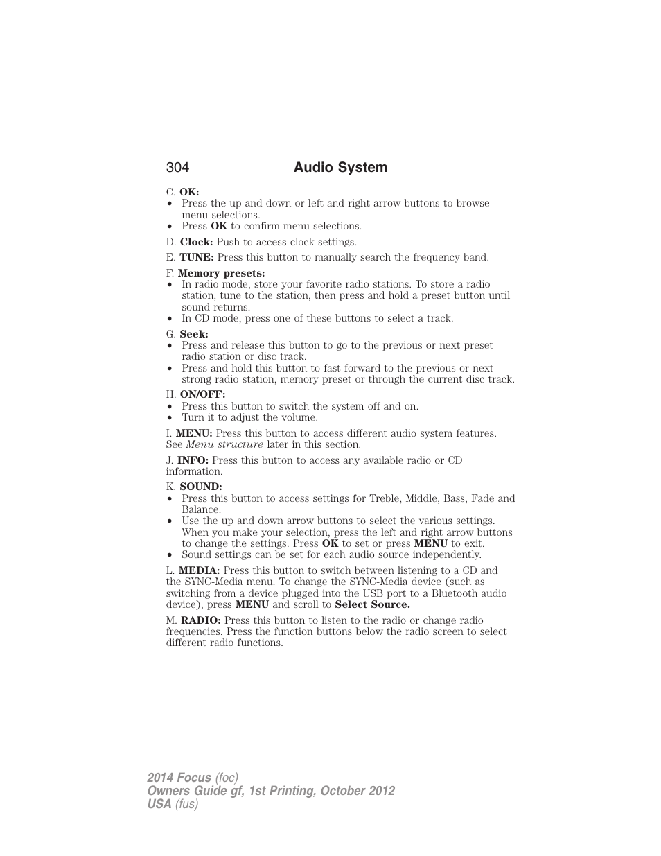 304 audio system | FORD 2014 Focus v.1 User Manual | Page 305 / 492