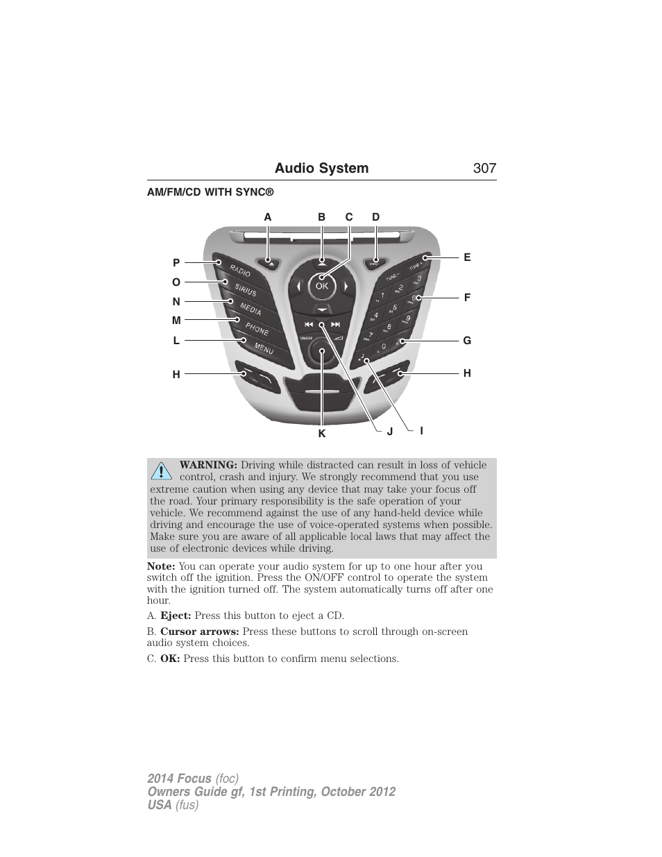 Am/fm/cd with sync, Audio system 307 | FORD 2014 Focus v.1 User Manual | Page 308 / 492