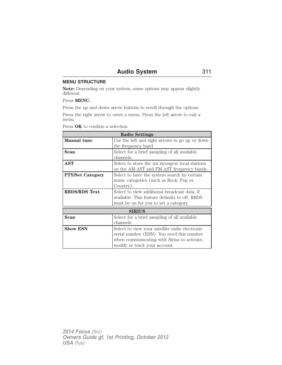 Menu structure, Audio system 311 | FORD 2014 Focus v.1 User Manual | Page 312 / 492