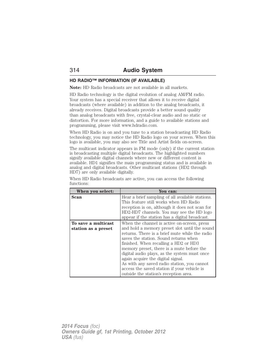 Hd radio™ information (if available), 314 audio system | FORD 2014 Focus v.1 User Manual | Page 315 / 492
