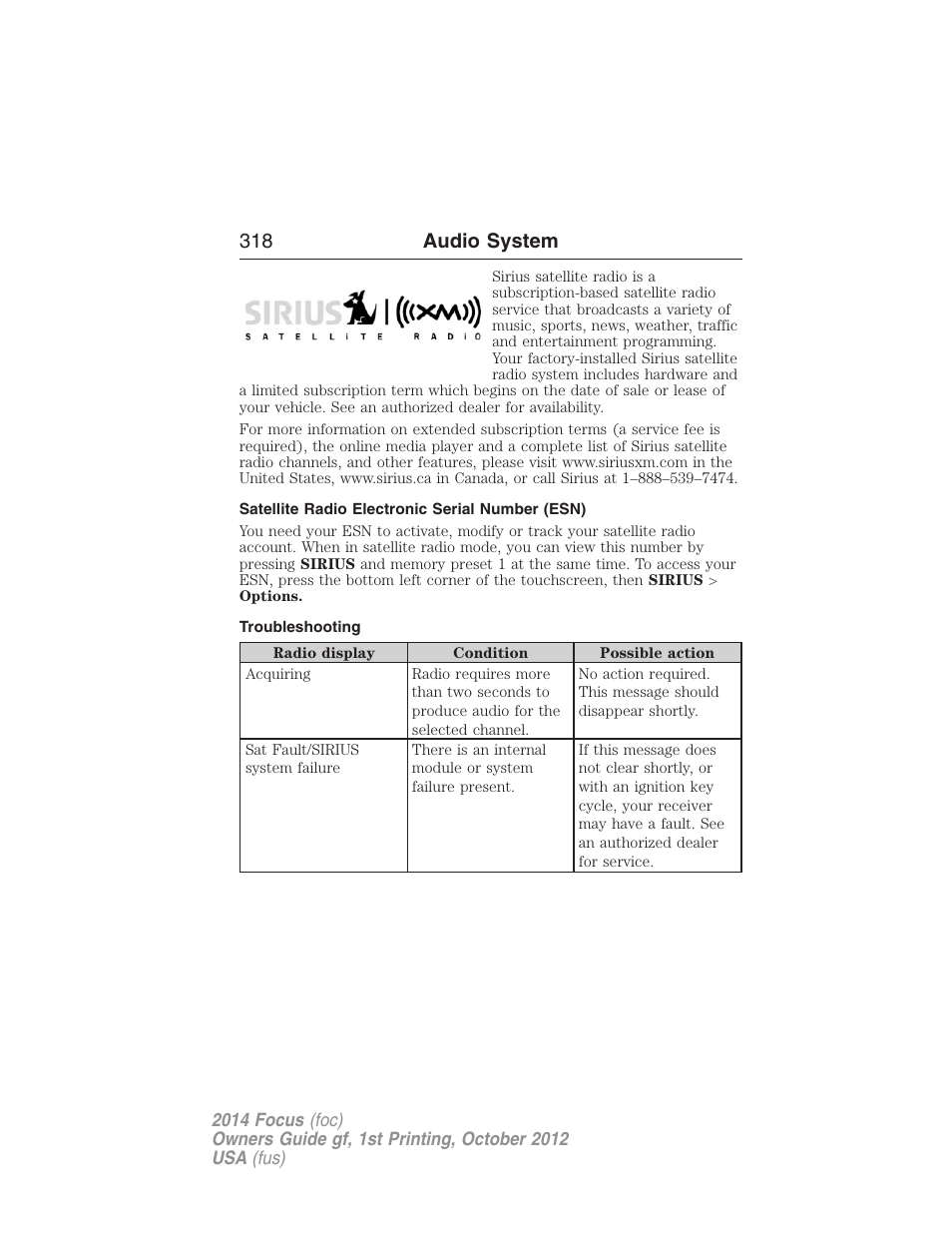 Satellite radio electronic serial number (esn), Troubleshooting, 318 audio system | FORD 2014 Focus v.1 User Manual | Page 319 / 492