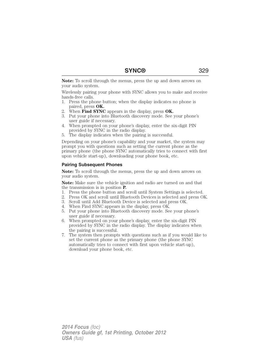 Pairing subsequent phones, Sync® 329 | FORD 2014 Focus v.1 User Manual | Page 330 / 492
