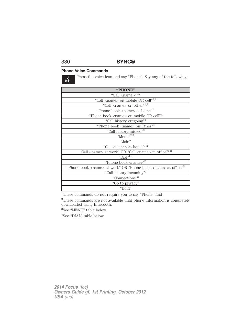 Phone voice commands, 330 sync | FORD 2014 Focus v.1 User Manual | Page 331 / 492