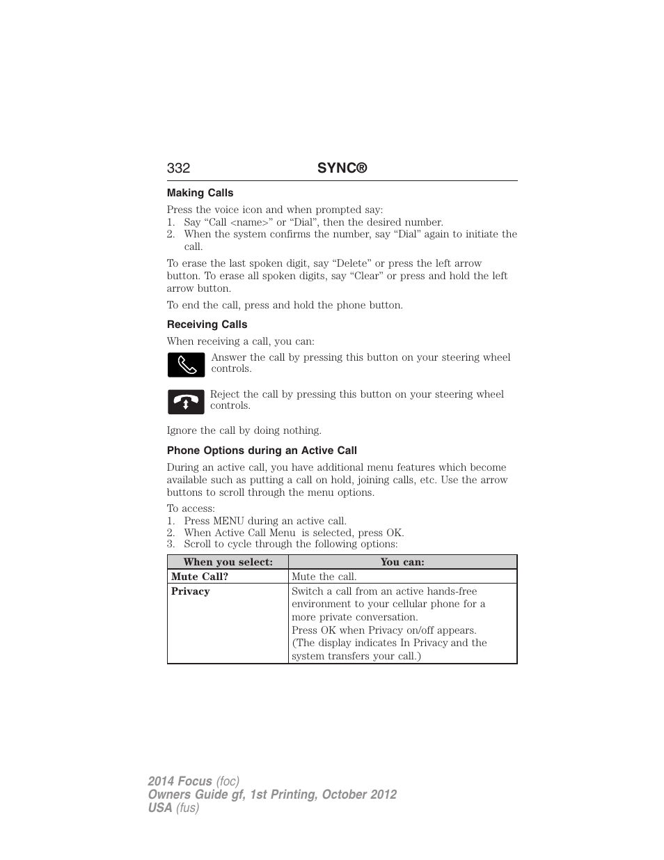 Making calls, Receiving calls, Phone options during an active call | 332 sync | FORD 2014 Focus v.1 User Manual | Page 333 / 492