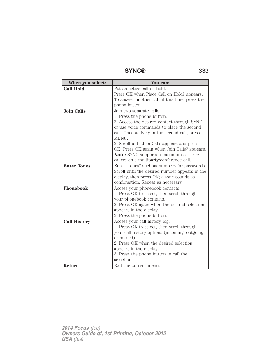Sync® 333 | FORD 2014 Focus v.1 User Manual | Page 334 / 492