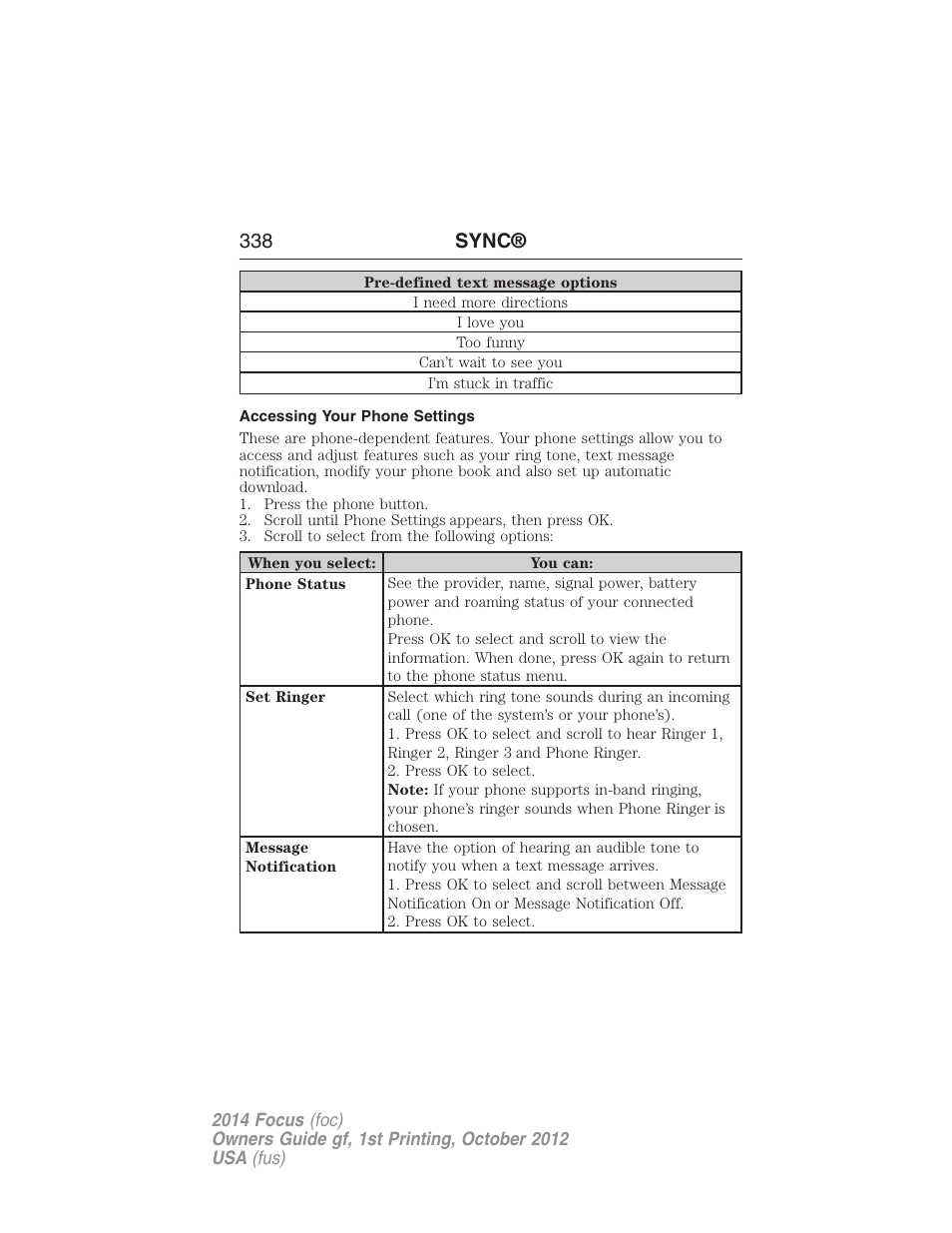 Accessing your phone settings, 338 sync | FORD 2014 Focus v.1 User Manual | Page 339 / 492