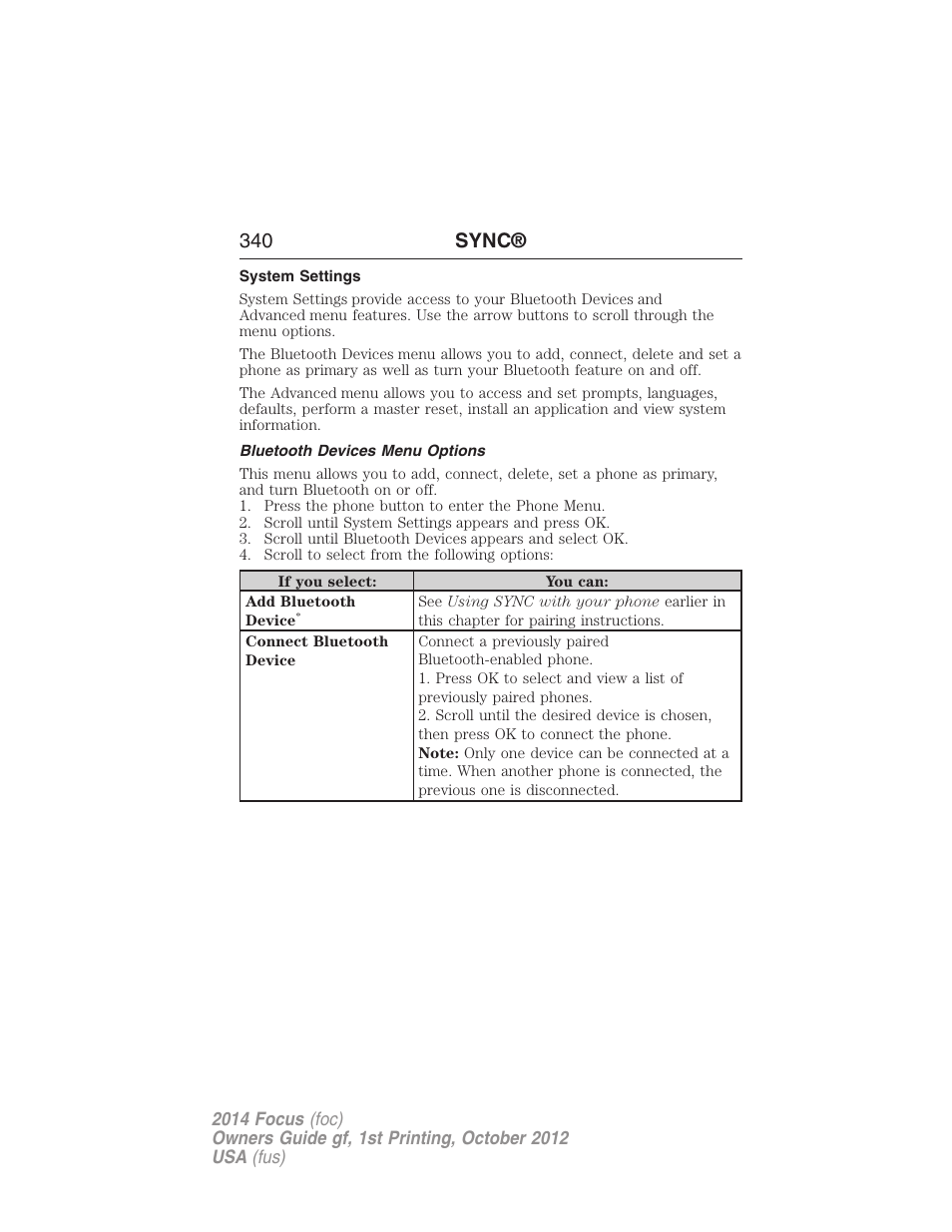 System settings, Bluetooth devices menu options, 340 sync | FORD 2014 Focus v.1 User Manual | Page 341 / 492