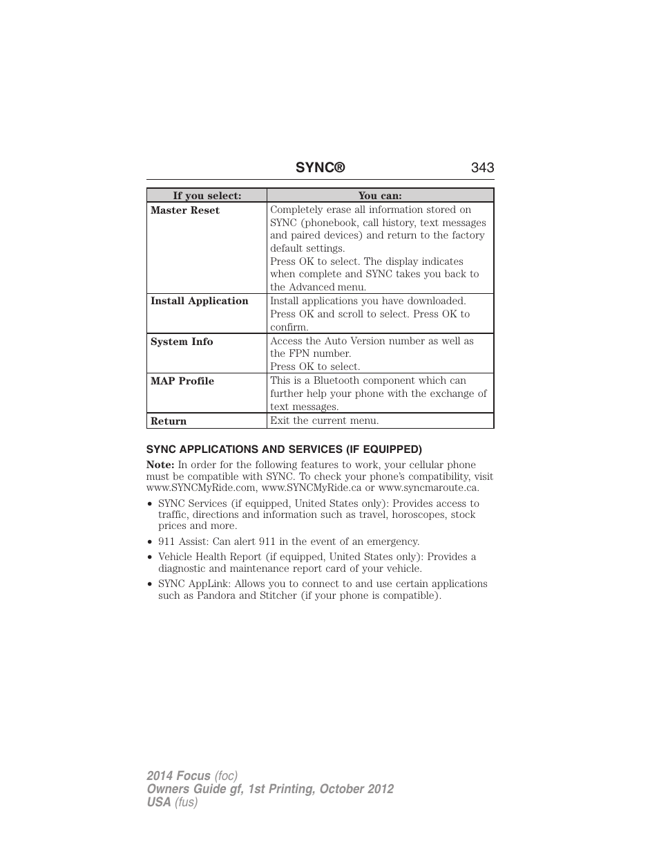 Sync applications and services (if equipped), Sync® 343 | FORD 2014 Focus v.1 User Manual | Page 344 / 492