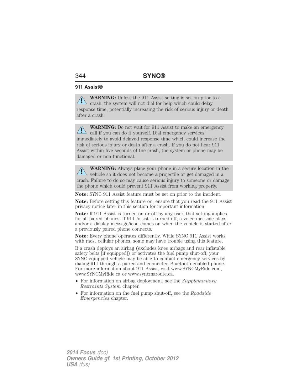 911 assist, 344 sync | FORD 2014 Focus v.1 User Manual | Page 345 / 492
