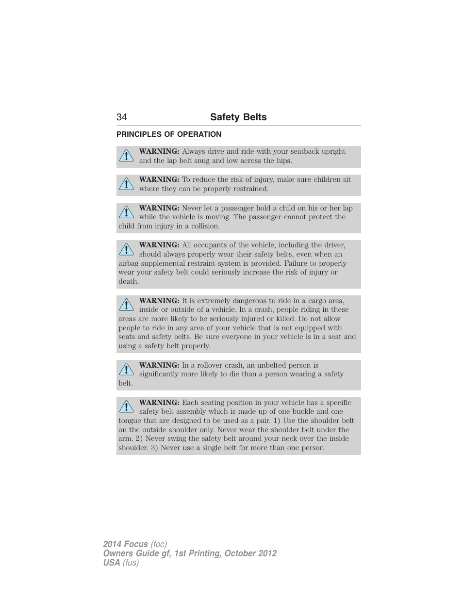 Safety belts, Principles of operation, 34 safety belts | FORD 2014 Focus v.1 User Manual | Page 35 / 492