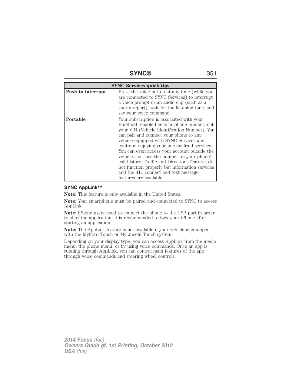 Sync applink, Sync® 351 | FORD 2014 Focus v.1 User Manual | Page 352 / 492