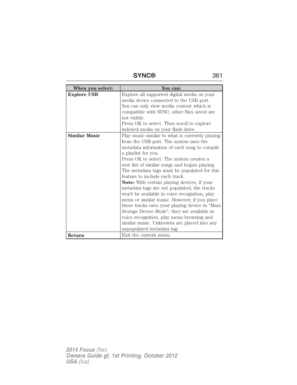 Sync® 361 | FORD 2014 Focus v.1 User Manual | Page 362 / 492