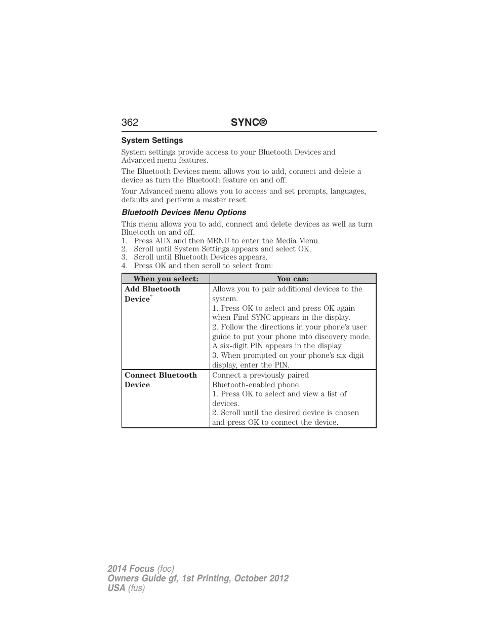 System settings, Bluetooth devices menu options, 362 sync | FORD 2014 Focus v.1 User Manual | Page 363 / 492
