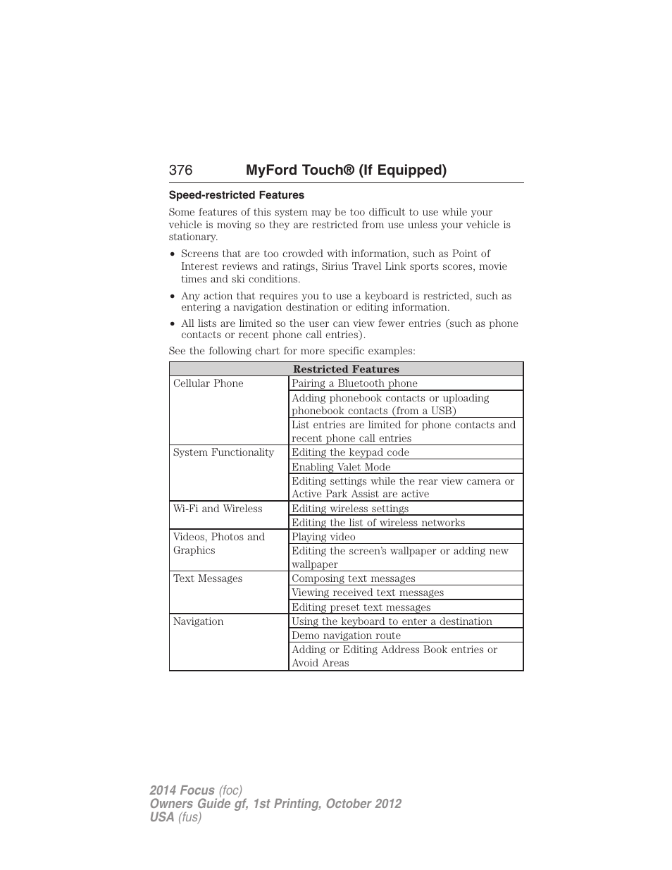 Speed-restricted features, 376 myford touch® (if equipped) | FORD 2014 Focus v.1 User Manual | Page 377 / 492
