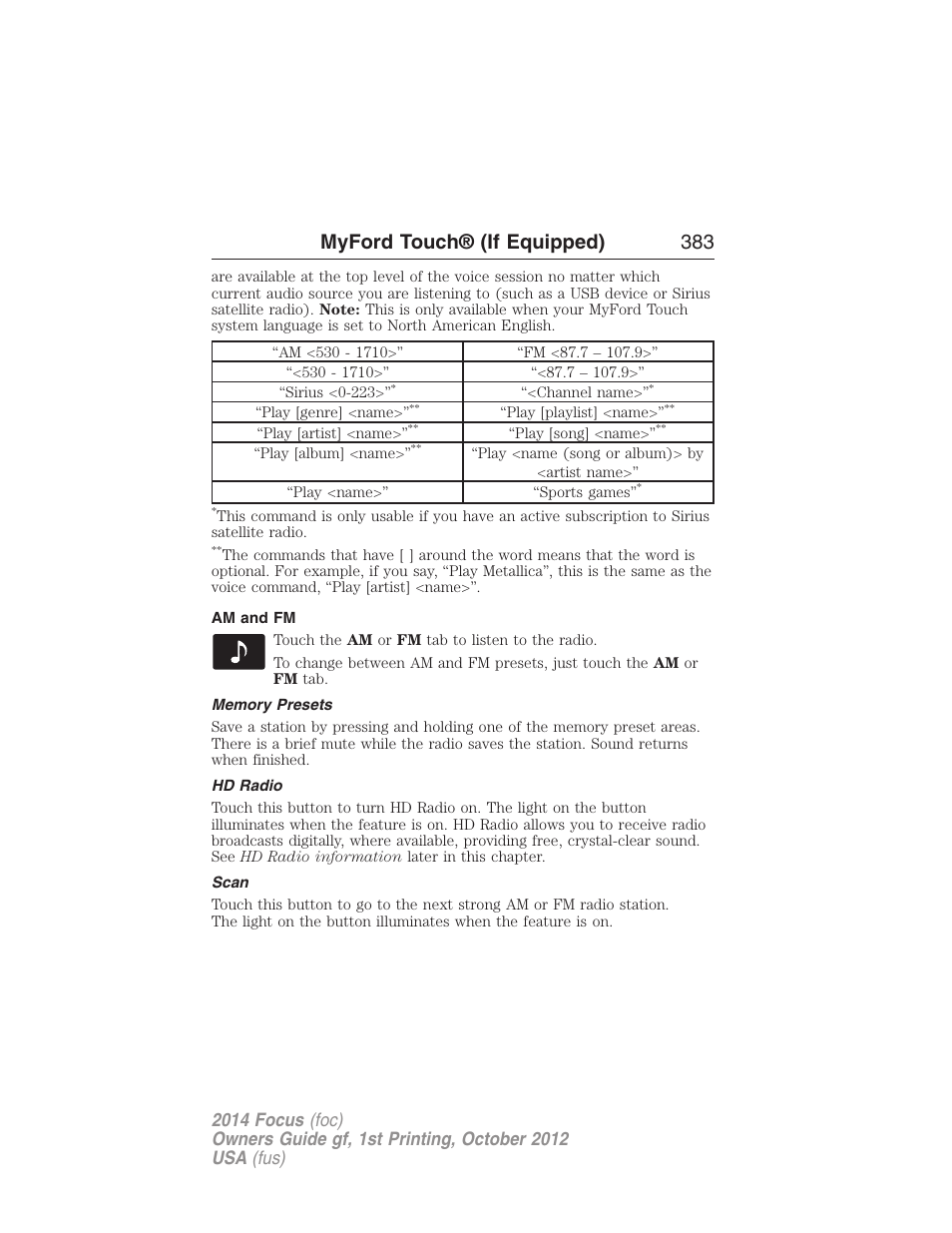 Am and fm, Memory presets, Hd radio | Scan, Myford touch® (if equipped) 383 | FORD 2014 Focus v.1 User Manual | Page 384 / 492