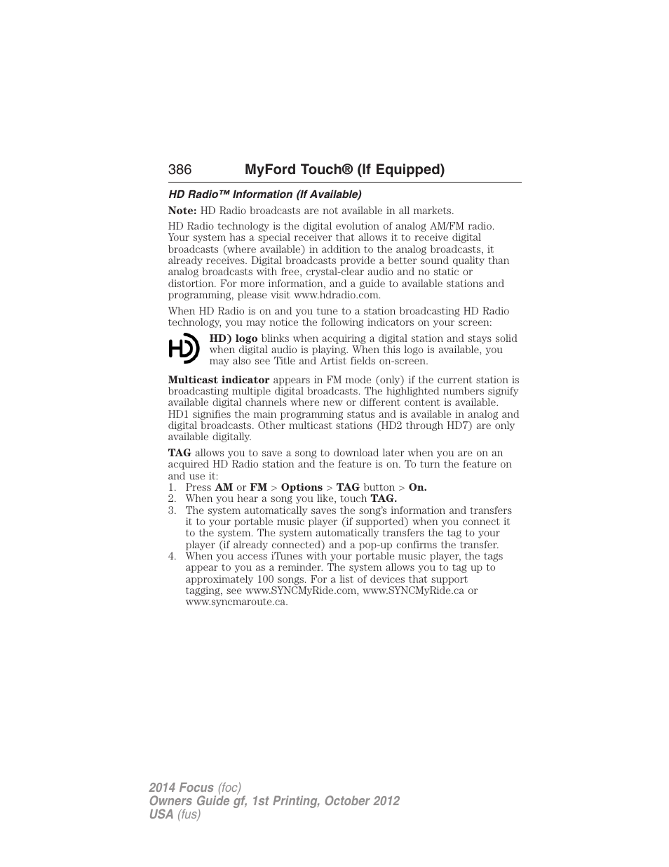 Hd radio™ information (if available), 386 myford touch® (if equipped) | FORD 2014 Focus v.1 User Manual | Page 387 / 492