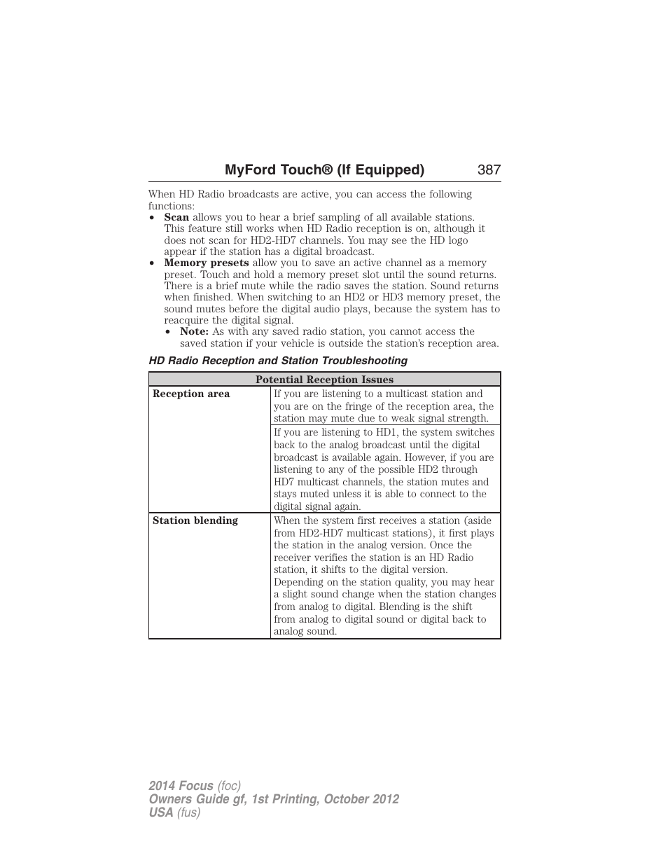 Hd radio reception and station troubleshooting, Myford touch® (if equipped) 387 | FORD 2014 Focus v.1 User Manual | Page 388 / 492