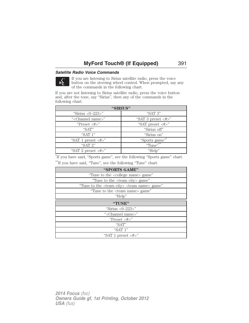 Satellite radio voice commands, Myford touch® (if equipped) 391 | FORD 2014 Focus v.1 User Manual | Page 392 / 492