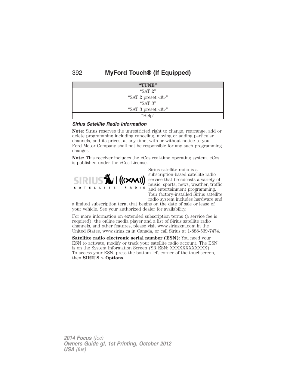 Sirius satellite radio information, 392 myford touch® (if equipped) | FORD 2014 Focus v.1 User Manual | Page 393 / 492
