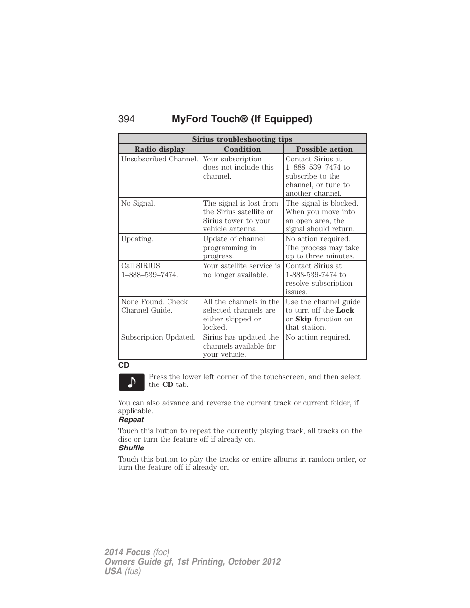 Repeat, Shuffle, 394 myford touch® (if equipped) | FORD 2014 Focus v.1 User Manual | Page 395 / 492