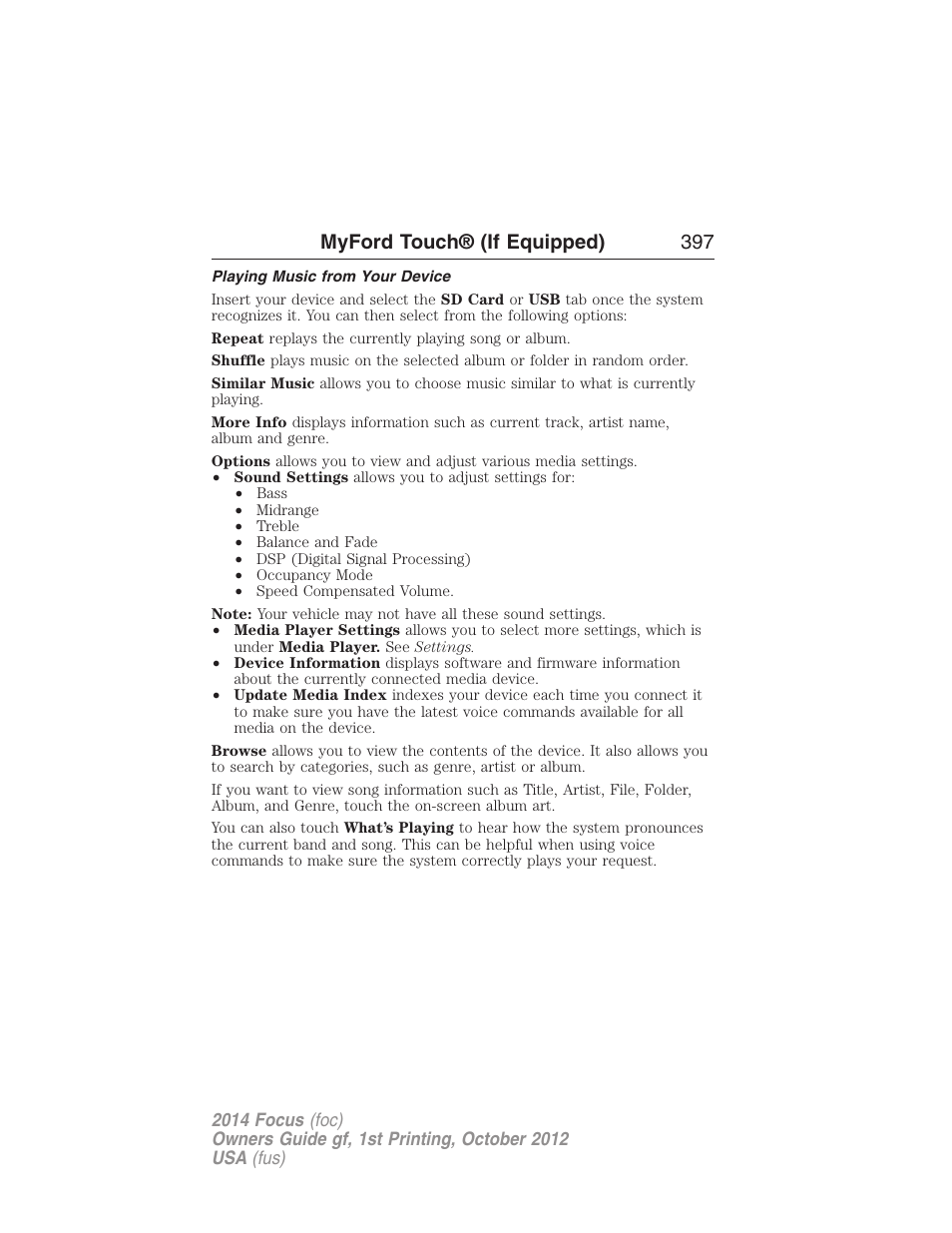 Playing music from your device, Myford touch® (if equipped) 397 | FORD 2014 Focus v.1 User Manual | Page 398 / 492