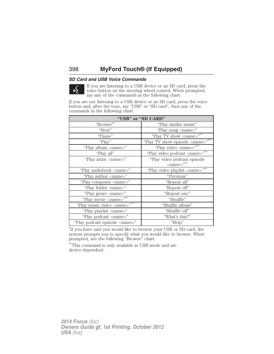 Sd card and usb voice commands, 398 myford touch® (if equipped) | FORD 2014 Focus v.1 User Manual | Page 399 / 492