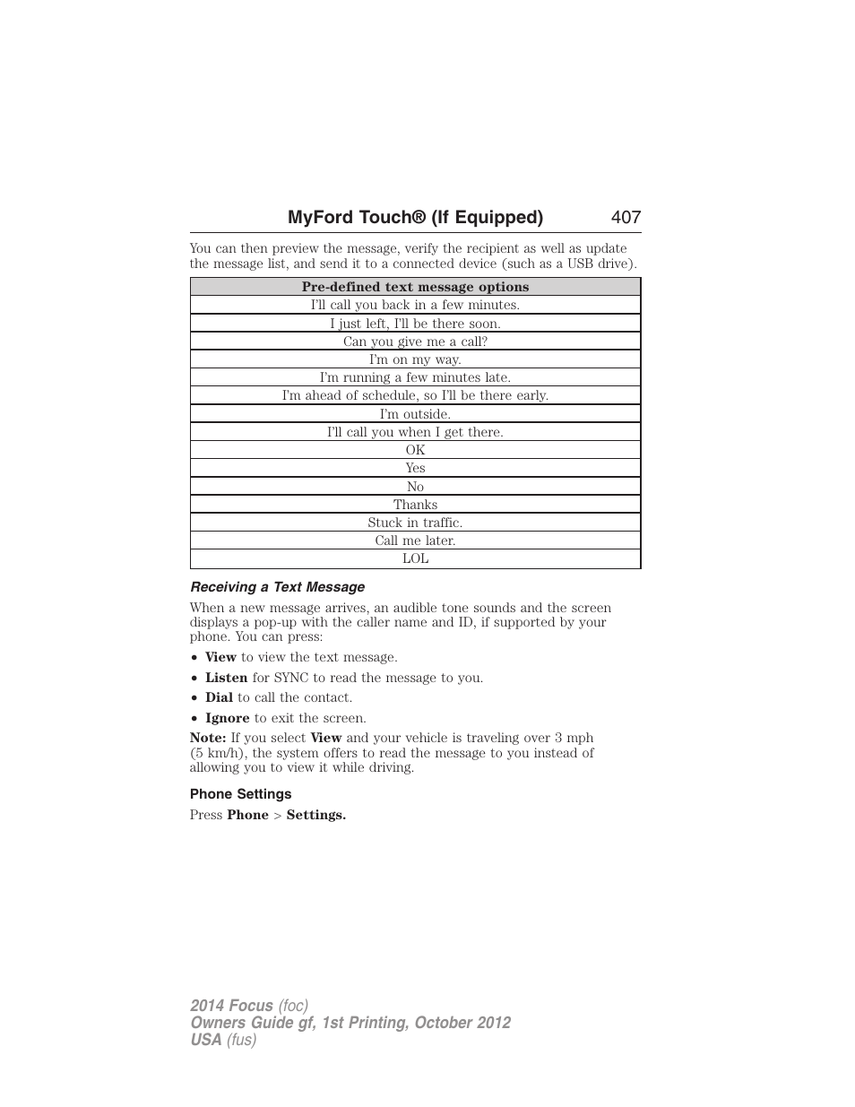 Receiving a text message, Phone settings, Myford touch® (if equipped) 407 | FORD 2014 Focus v.1 User Manual | Page 408 / 492