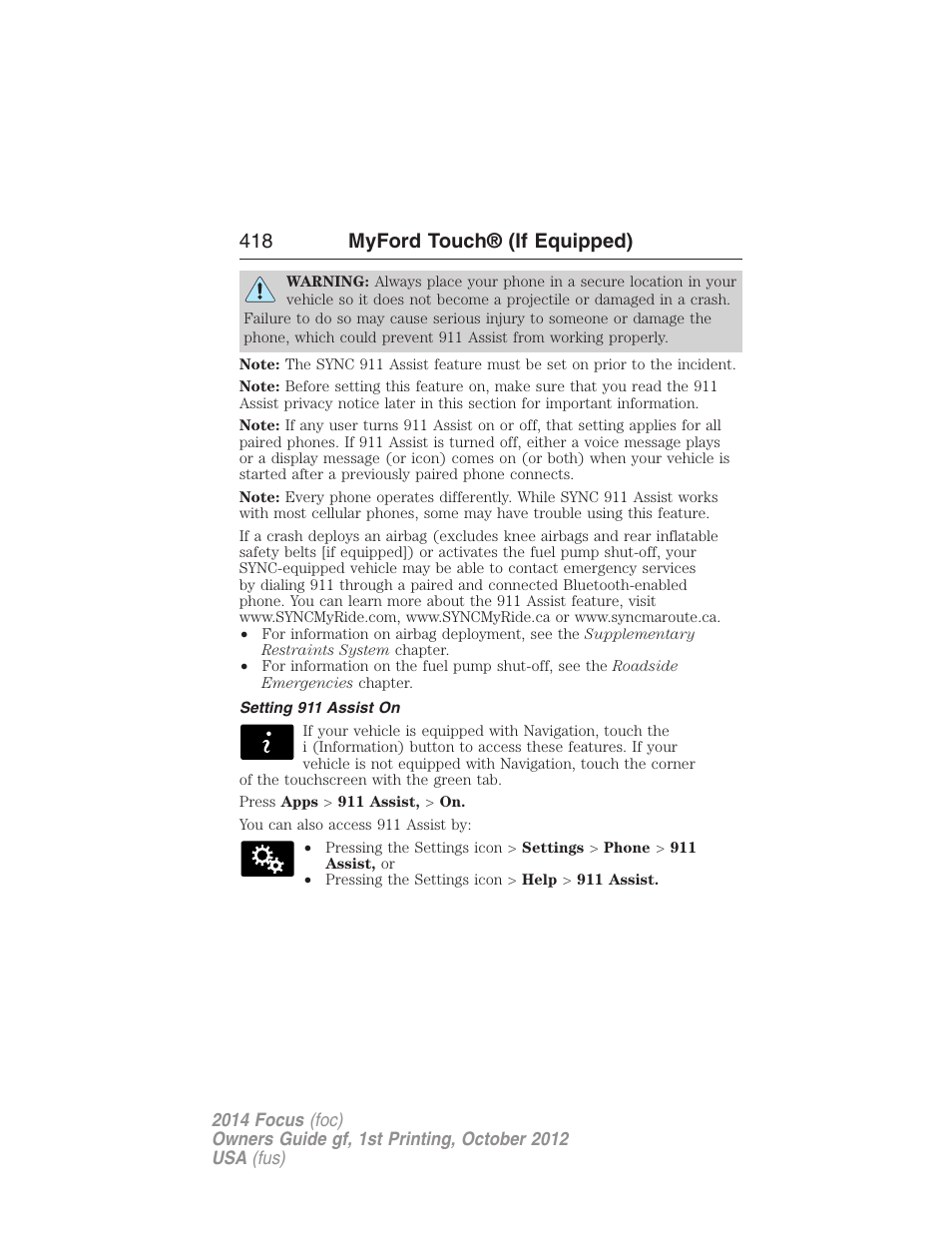 Setting 911 assist on, 418 myford touch® (if equipped) | FORD 2014 Focus v.1 User Manual | Page 419 / 492