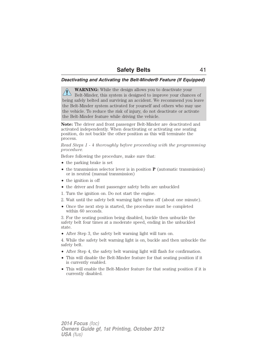 Safety belts 41 | FORD 2014 Focus v.1 User Manual | Page 42 / 492