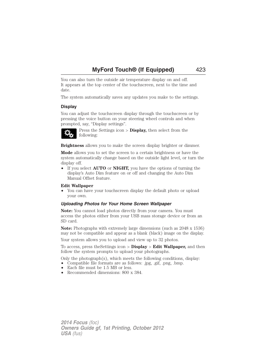 Display, Uploading photos for your home screen wallpaper, Myford touch® (if equipped) 423 | FORD 2014 Focus v.1 User Manual | Page 424 / 492