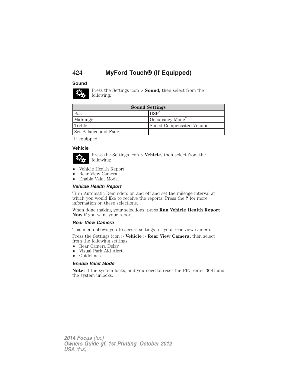 Sound, Vehicle, Vehicle health report | Rear view camera, Enable valet mode, 424 myford touch® (if equipped) | FORD 2014 Focus v.1 User Manual | Page 425 / 492