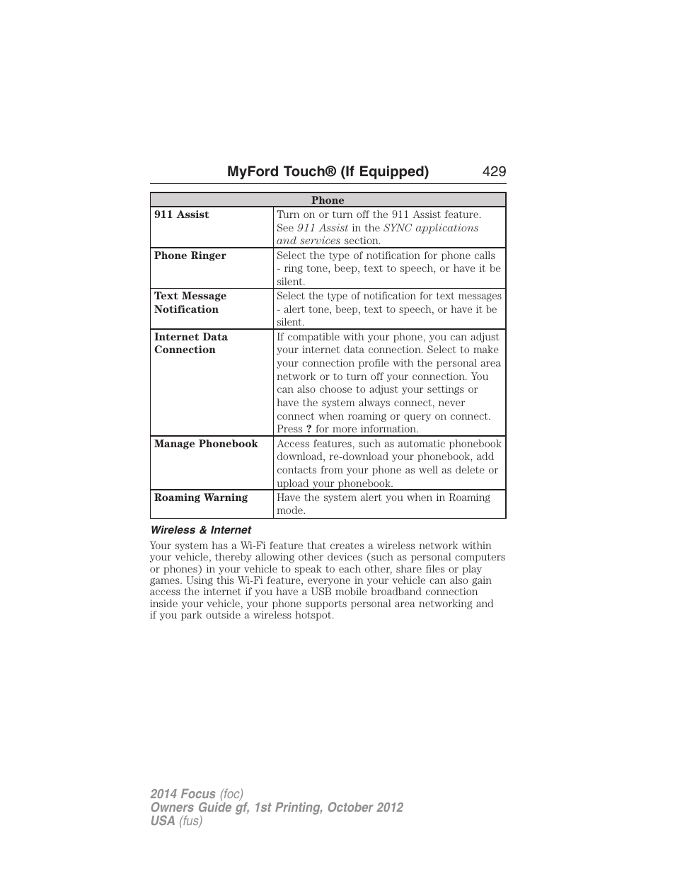 Wireless & internet, Myford touch® (if equipped) 429 | FORD 2014 Focus v.1 User Manual | Page 430 / 492