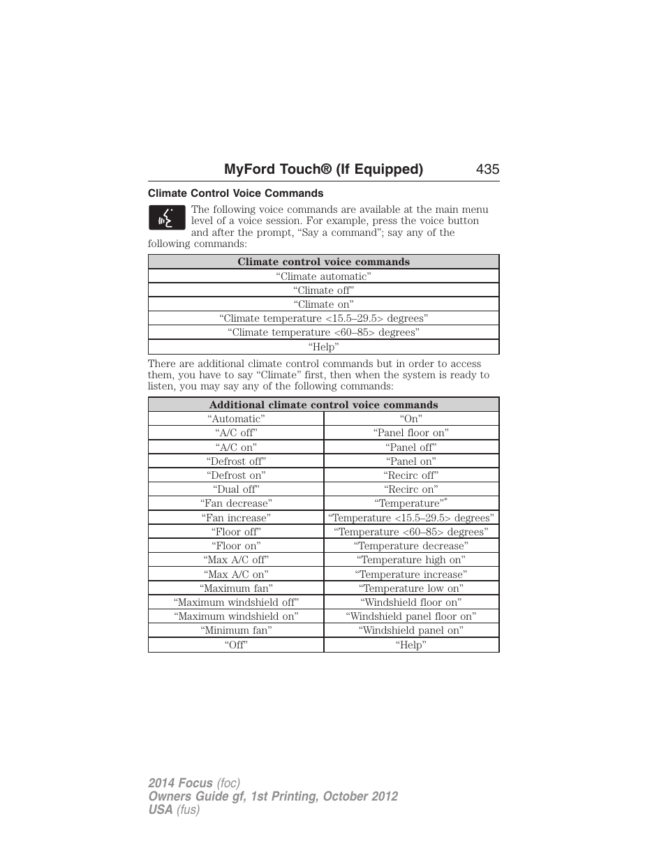 Climate control voice commands, Myford touch® (if equipped) 435 | FORD 2014 Focus v.1 User Manual | Page 436 / 492