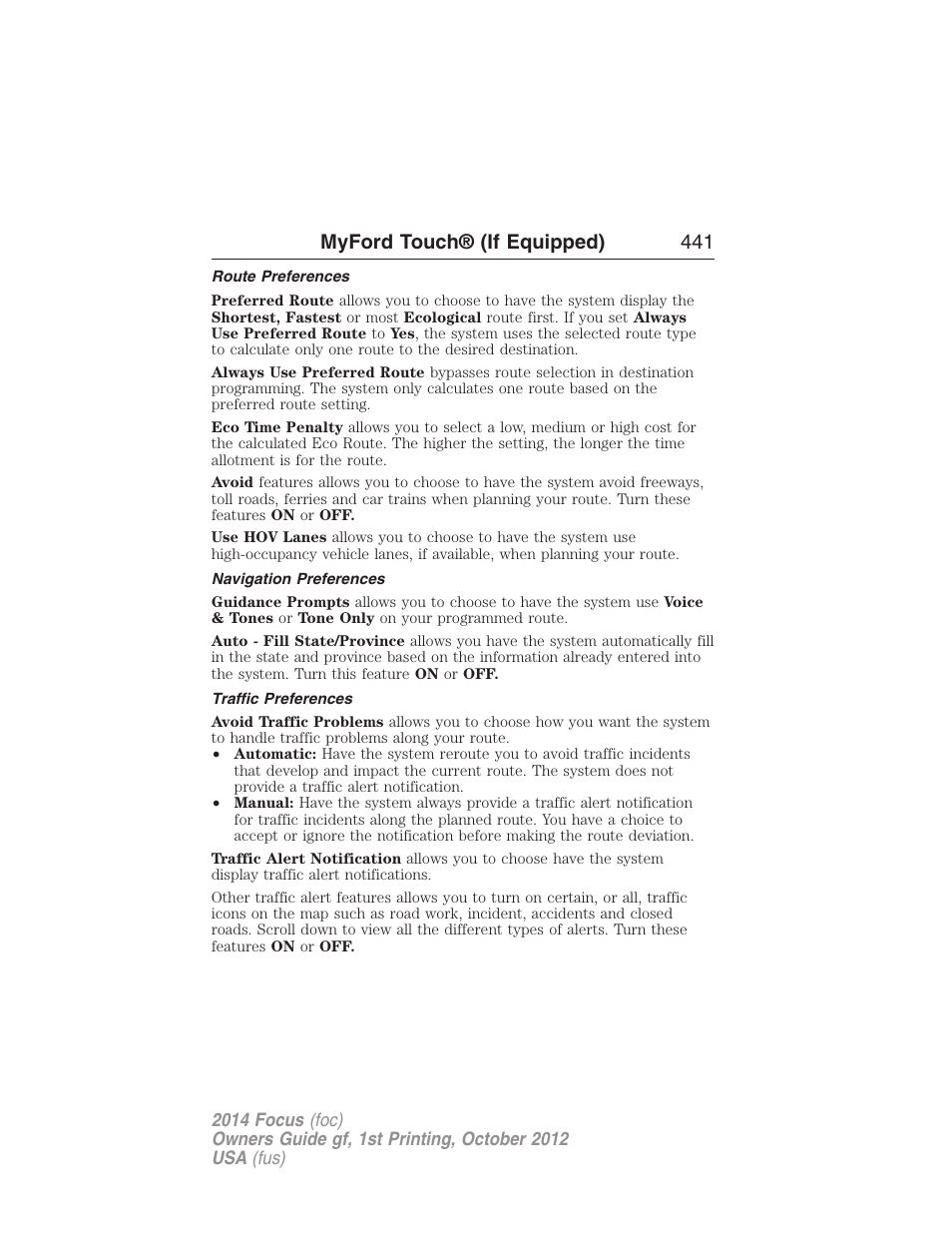 Route preferences, Navigation preferences, Traffic preferences | Myford touch® (if equipped) 441 | FORD 2014 Focus v.1 User Manual | Page 442 / 492
