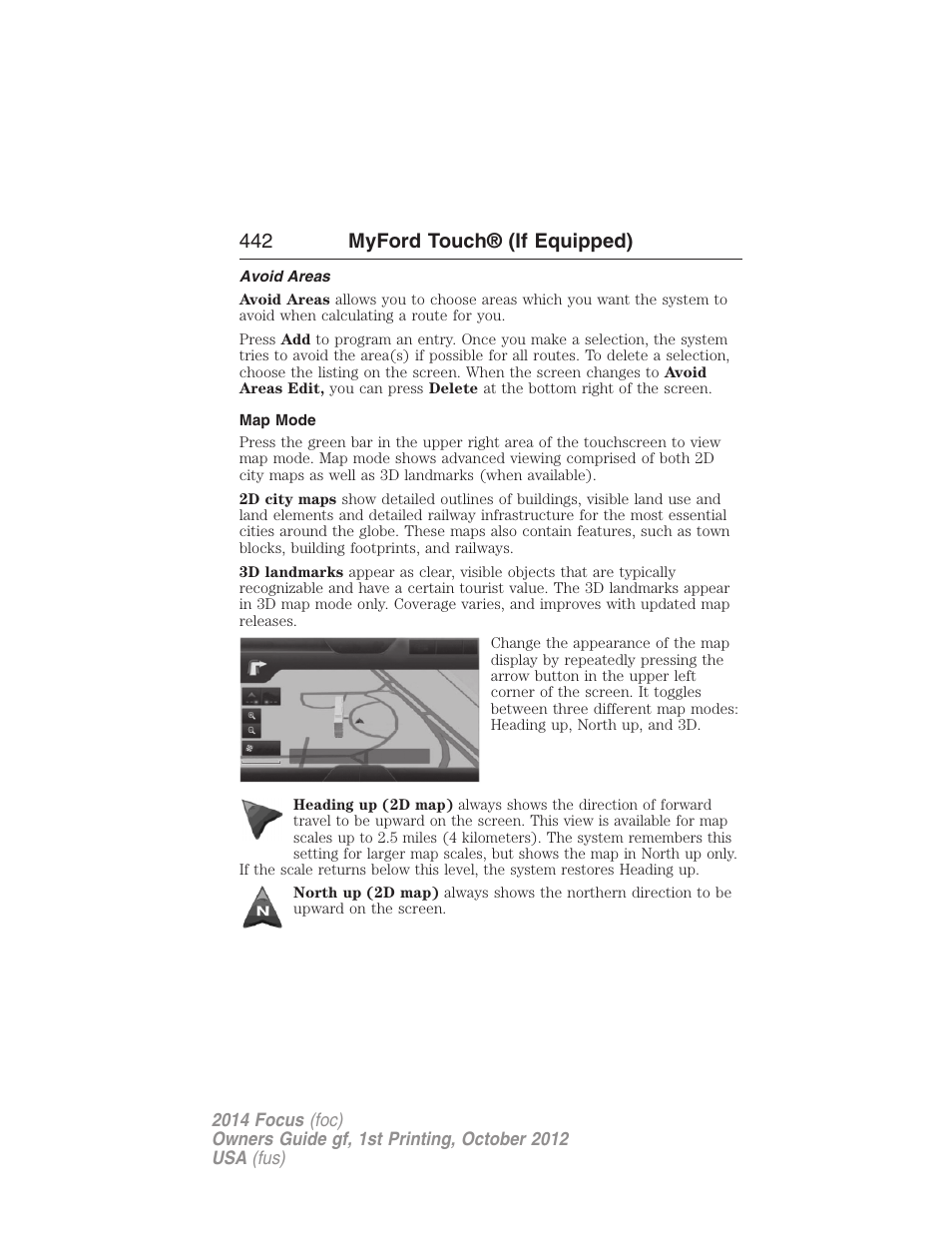 Avoid areas, Map mode, 442 myford touch® (if equipped) | FORD 2014 Focus v.1 User Manual | Page 443 / 492